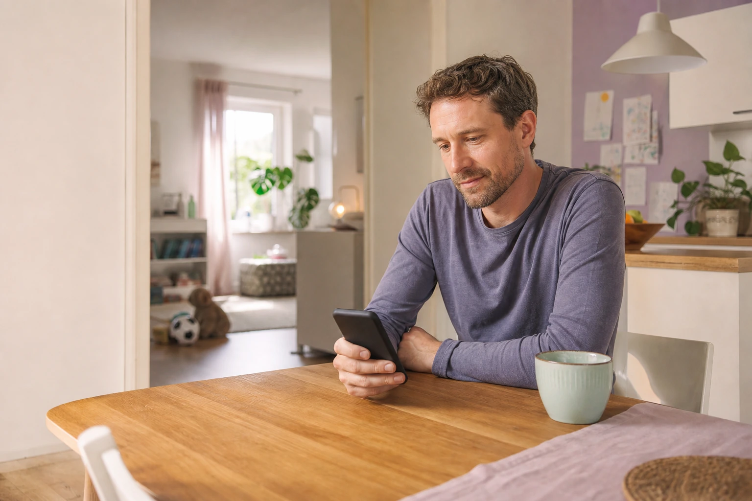 Vater sitzt mit seinem Smartphone an einem hellen Küchentisch