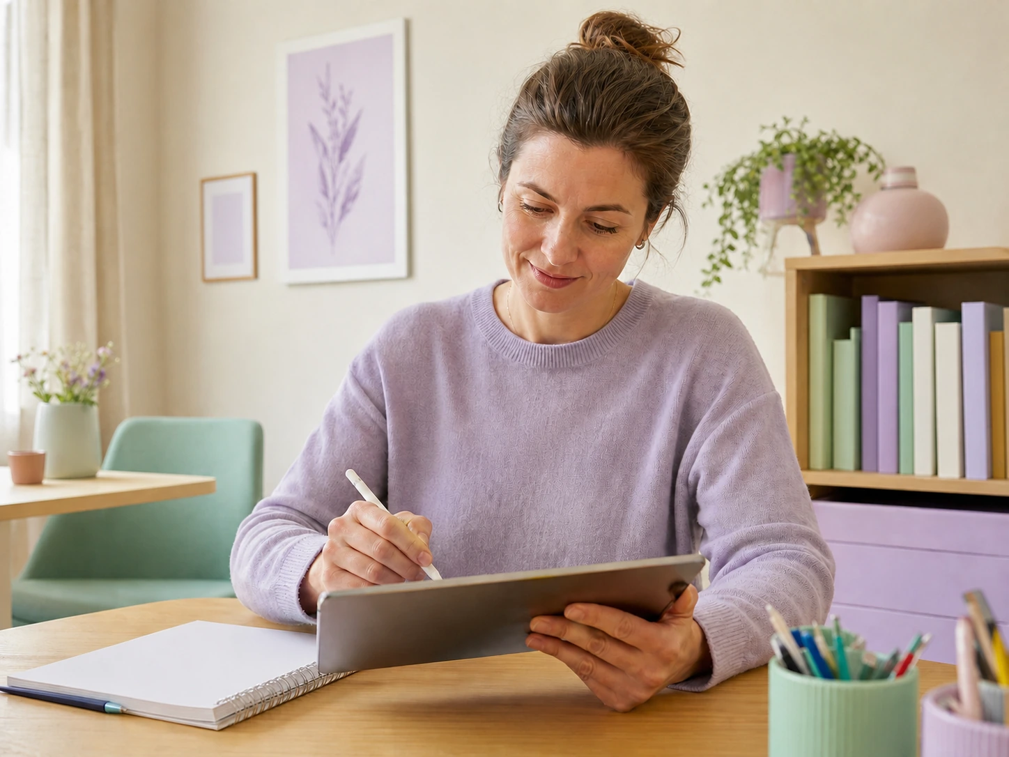 Frau schreibt mit einem Eingabestift auf einem Tablet