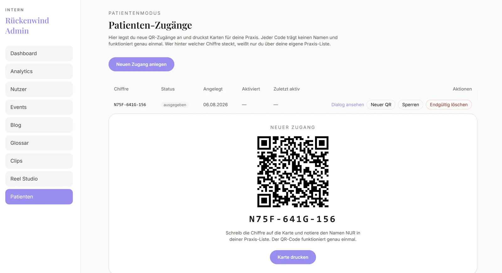 Praxis-Dashboard des Patientenmodus: Zugang mit Chiffre und QR-Karte zum Drucken